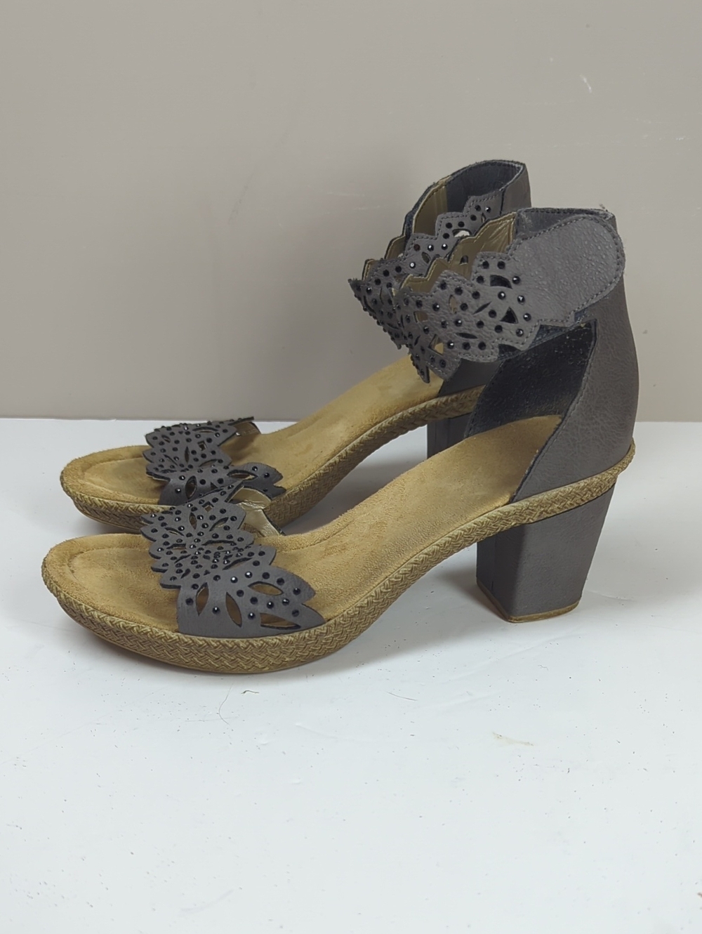 Rieker Gray Women's Cutout Ankle Strap Block Heel Sandals